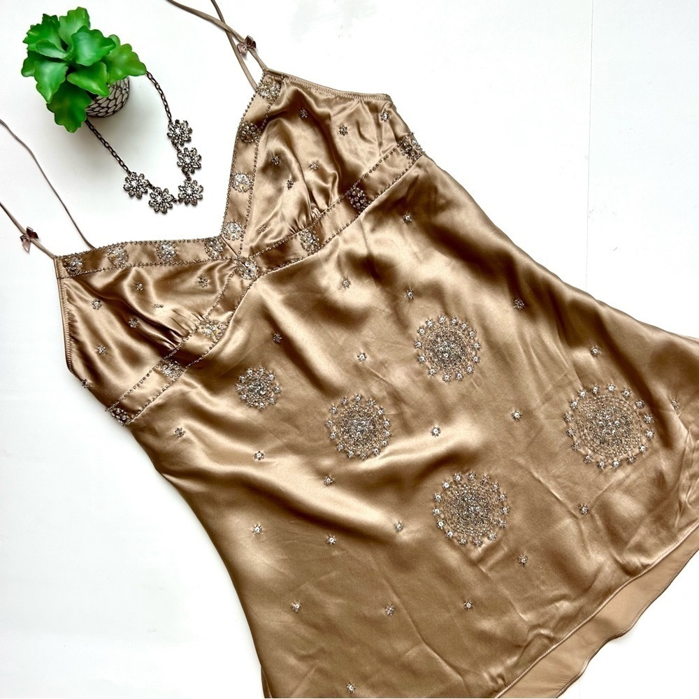 Victoria's Secret Gold Tan Silk Beaded Sequin Cami Spaghetti Strap Baby Doll M - Picture 5 of 10